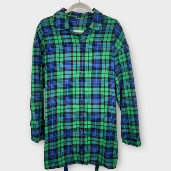 SHEIN Plaid Shirt Dress Women’s Medium Green Blue Button Down Belted Tunic - Picture 4 of 6